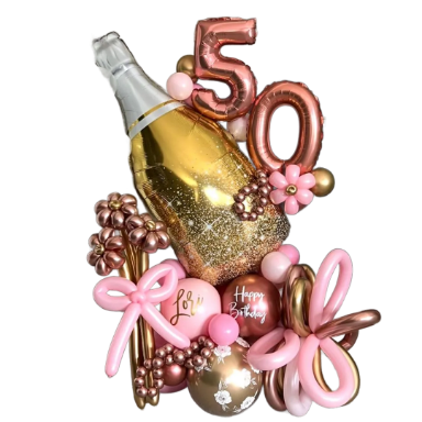 birthday balloon stack Rose gold balloon decoration featuring the numbers 5 and 3 among pink and gold balloons.